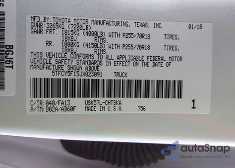 2018 Toyota Tundra Sr 5.7L V8 из США, поврежденный, VIN 5TFCY5F15JX023091